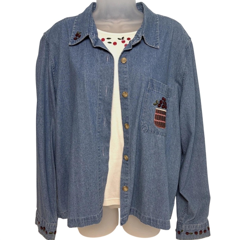 XL Embroidered Set Cherries Denim Button Up Shirt 2004 Christopher Banks cottage
